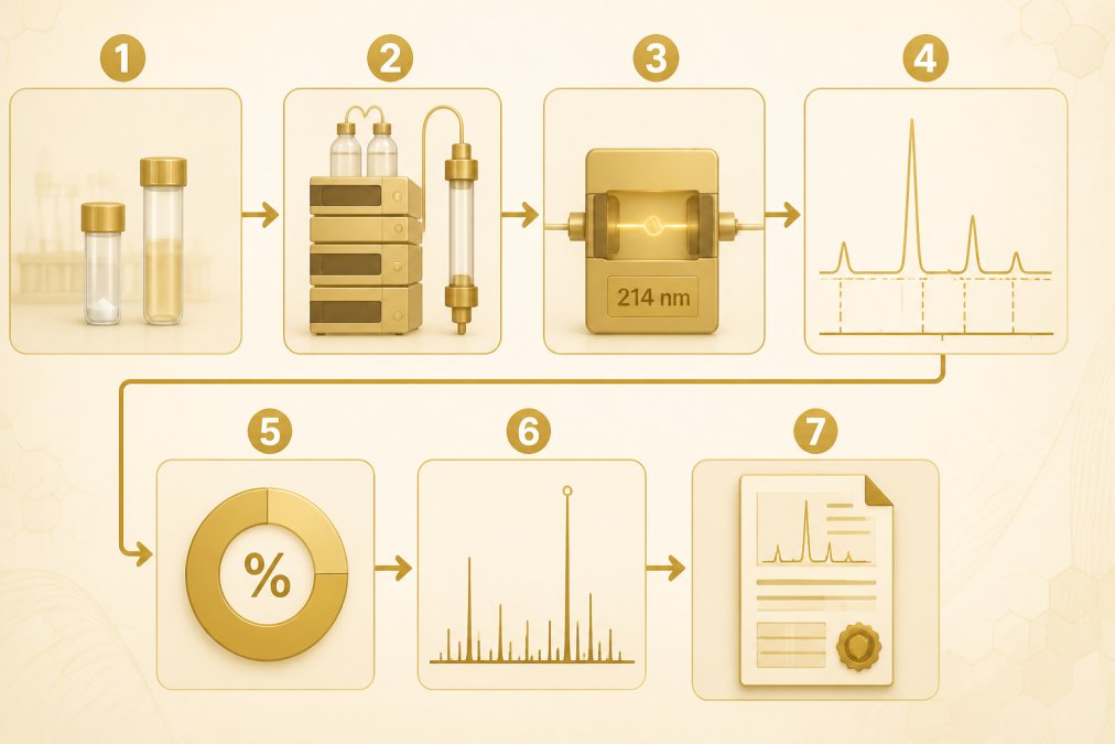 Flowchart of the testing workflow to verify high purity peptides via HPLC and mass spectrometry analysis.