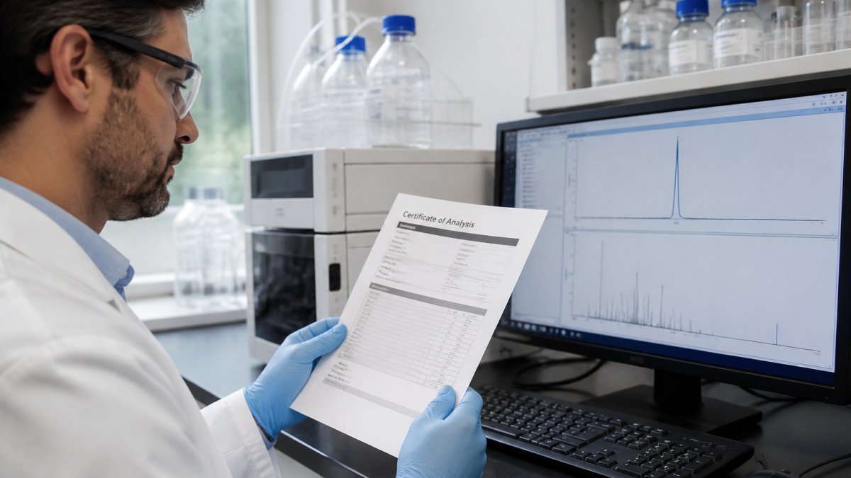 A scientist in a lab coat holding a printed Certificate of Analysis document next to a computer screen showing analytical data, in a bright laboratory setting