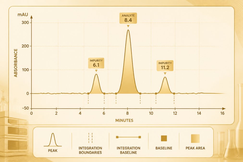 Annotated HPLC chromatogram showing peak analysis for independent lab testing for peptides with retention times.